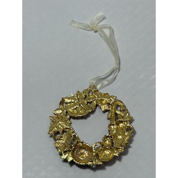 Gold Tone Metal Wreath Ornament Red Green Santa Snowman Bells Holly Ribbon - Picture 7 of 10